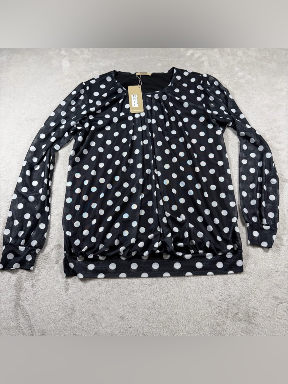 Timeson‎ Women's Polka Dot Blouse XXL Black White Pleated Mesh Sleeve Career Top